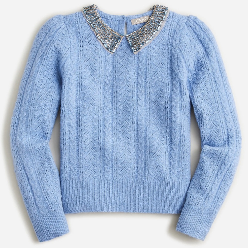 JCREW POINTELLE CABLE KNIT SWEATER WITH BEADED COLLAR SZ SMALL NWT